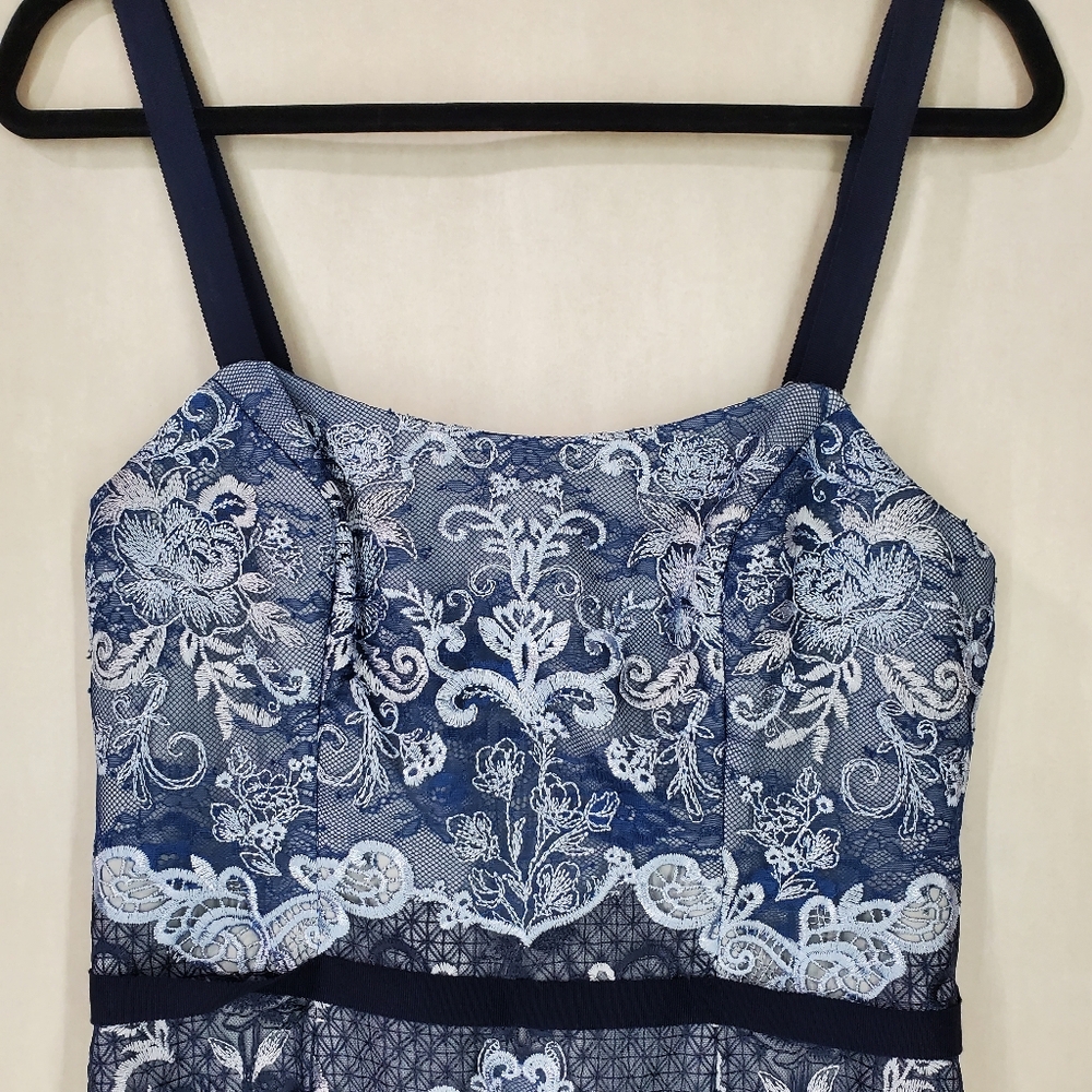 NWT Marchesa Notte 3D Embroidered Grosgrain Midi Cocktail Dress Blue Sz 8 - Picture 7 of 16
